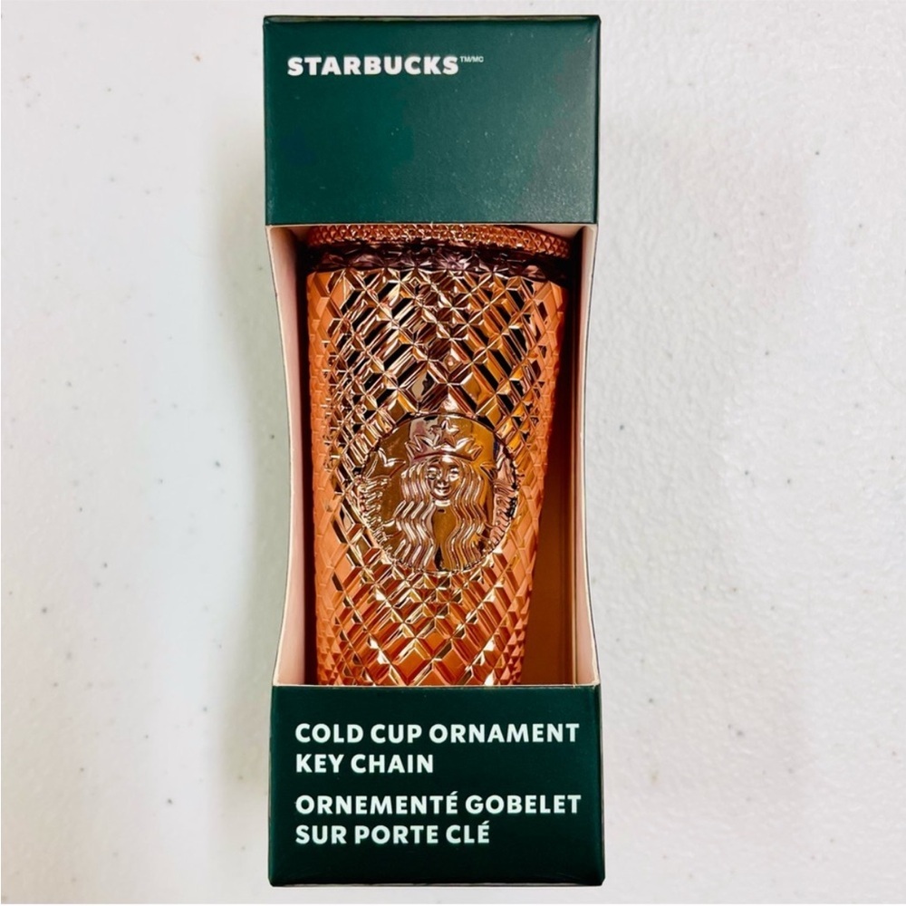 New Starbucks 2023 Rose Gold Cold Cup Keychain Ornament Metallic Bling Christmas